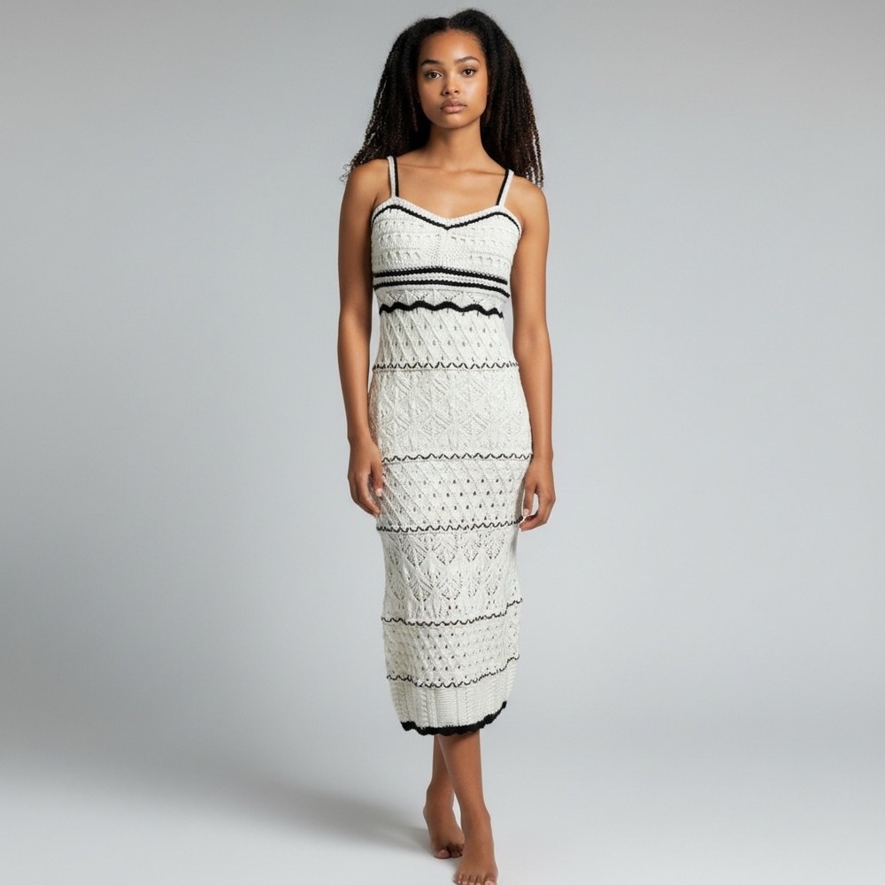 RIHOAS Crochet Knit Midi Dress Sz L New Cream Striped Boho Chic Coastal Festival